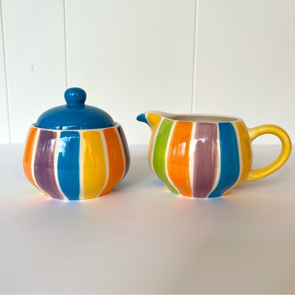 Vintage Hand Painted Cabana Stripes Sugar & Creamer Canhome Thailand - Picture 1 of 11